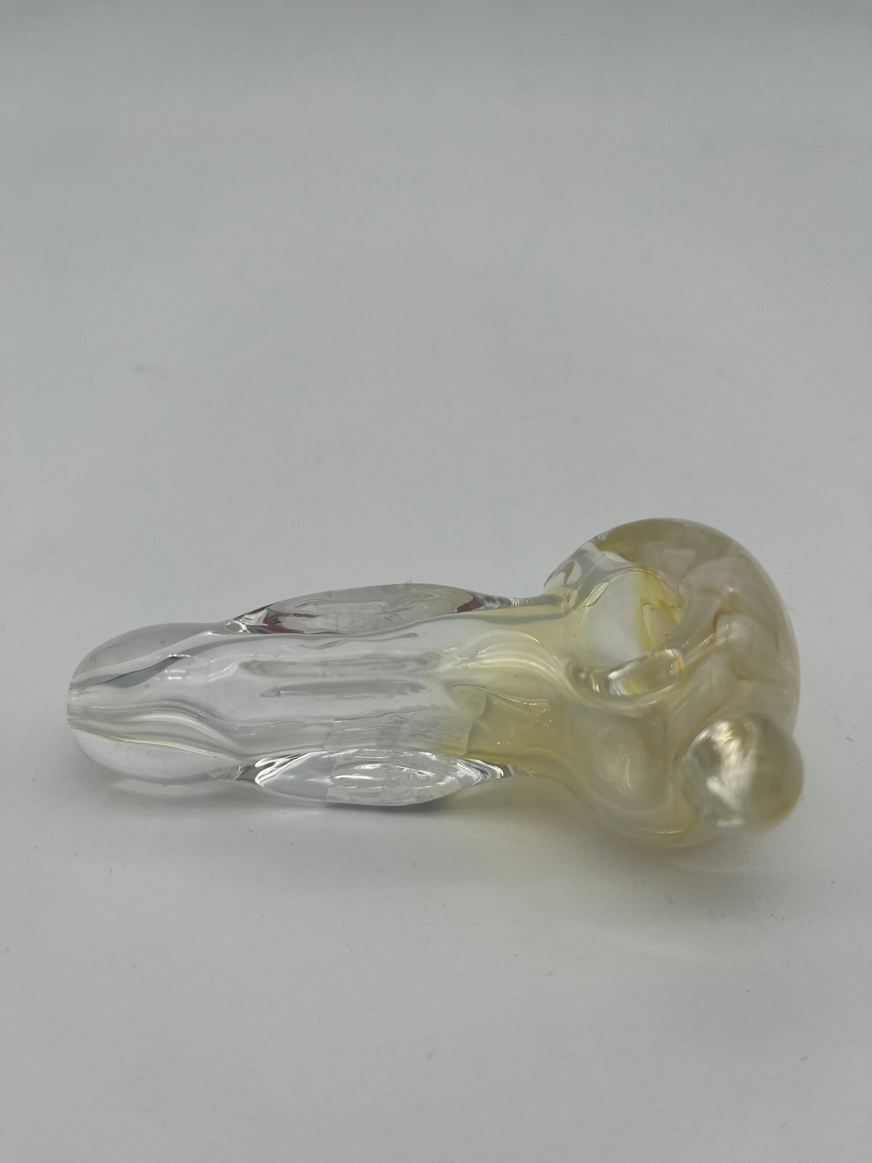 Clear and white floral looking glass pipe made by Nelson Glassworks on a white background.